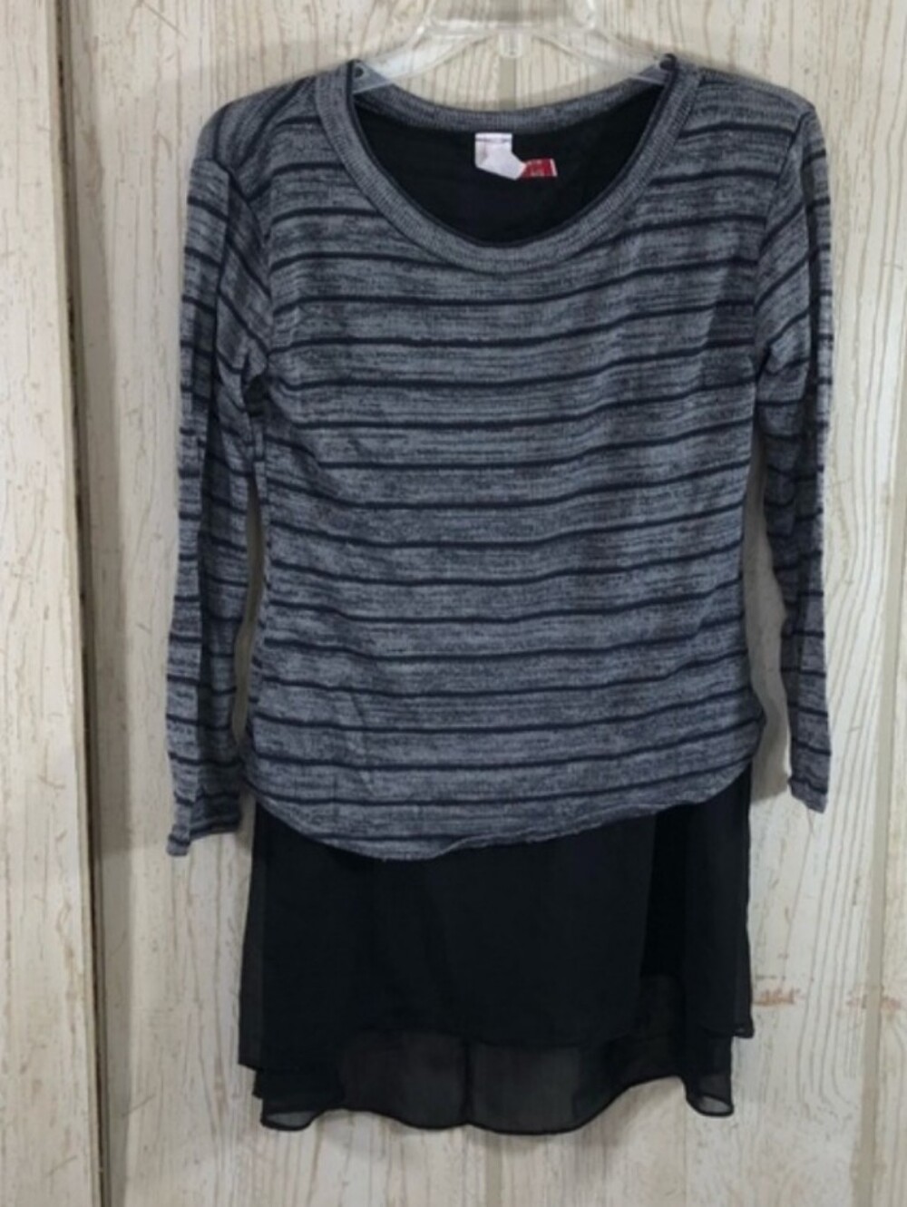 J Mode Knit Striped Tunic Top with Black Chiffon Extender